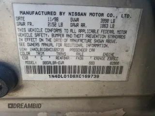 1999 Nissan Altima XE with VIN 1N4DL01D8XC169739, listed as a Copart auction lot 87243824 with 186,170 mi miles and Non Repairable. Bid and sale history available at carsss.com. Image 12.