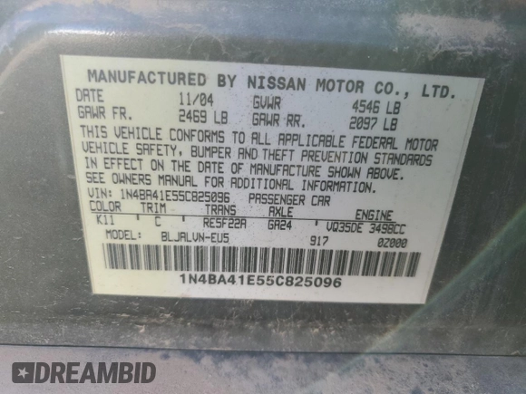 2005 Nissan Maxima 3.5 SL with VIN 1N4BA41E55C825096, listed as a Copart auction lot 75951684 with 160,277 mi miles and Clean Title. Bid and sale history available at carsss.com. Image 12.
