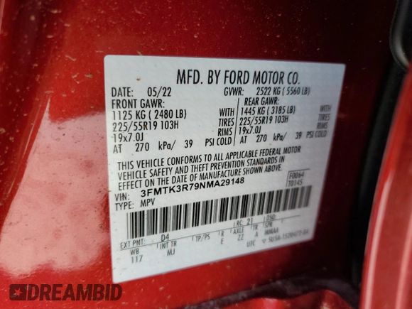 2022 Ford Mustang Mach-E Premium with VIN 3FMTK3R79NMA29148, listed as a Copart auction lot 50114695 with 37,903 mi miles and Salvage Title. Bid and sale history available at DreamBid. Image 14.