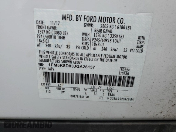 2018 Ford Explorer XLT with VIN 1FM5K8D83JGA26157, listed as a Copart auction lot 61283175 with 66,369 mi miles and Salvage title. Bid and sale history available at DreamBid. Image 13.