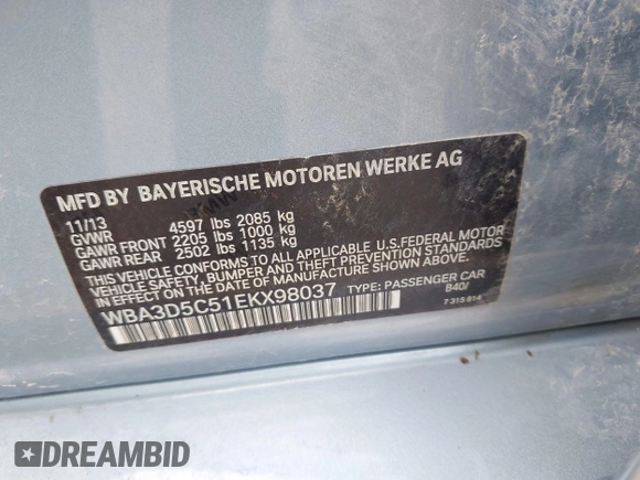 2014 BMW 3 Series 328d xDrive with VIN WBA3D5C51EKX98037, listed as a IAAI auction lot 42647977 with 79,978 mi miles and . Bid and sale history available at DreamBid. Image 9.