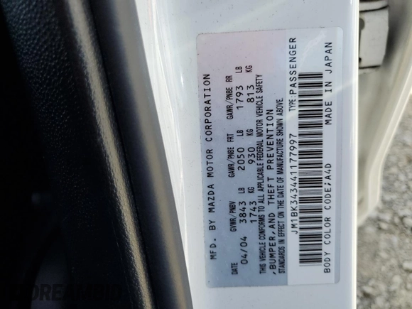 2004 Mazda 3 s with VIN JM1BK343441177997, listed as a Copart auction lot 49168845 with 26,654 mi miles and Salvage Title. Bid and sale history available at DreamBid. Image 12.