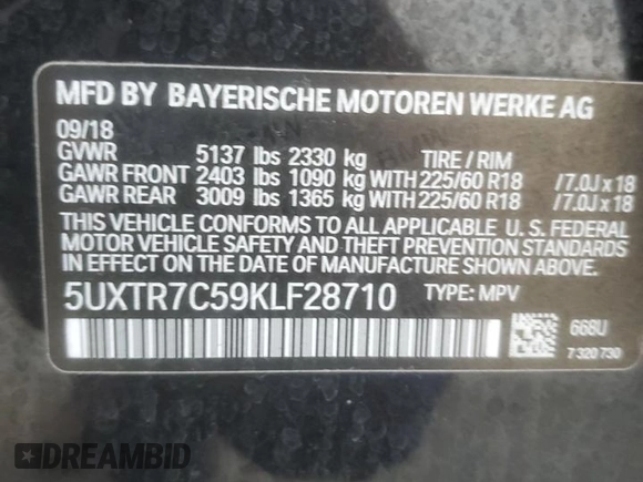 2019 BMW X3 sDrive30i with VIN 5UXTR7C59KLF28710, listed as a Copart auction lot 51424485 with 99,513 mi miles and Salvage Title. Bid and sale history available at DreamBid. Image 13.