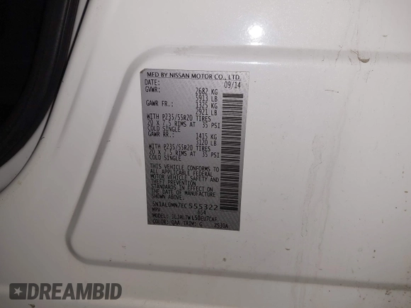 2014 Infiniti QX60 with VIN 5N1AL0MN7EC555322, listed as a IAAI auction lot 42070903 with 125,723 mi miles and . Bid and sale history available at DreamBid. Image 9.