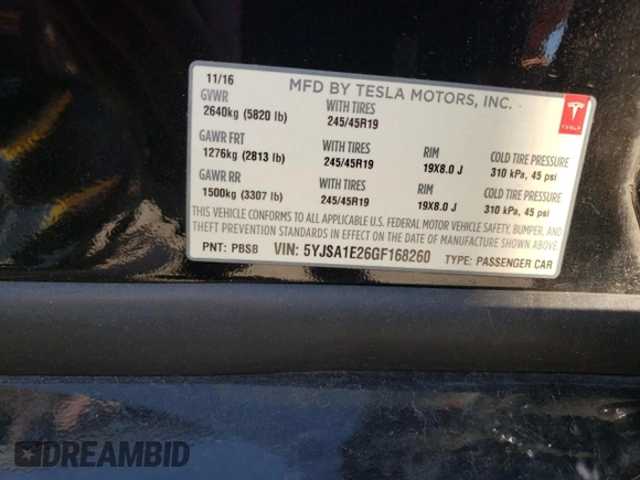 2016 Tesla Model S 90D with VIN 5YJSA1E26GF168260, listed as a Copart auction lot 48703154 with 90,567 mi miles and Salvage Title. Bid and sale history available at DreamBid. Image 13.