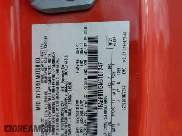 2022 Ford Mustang EcoBoost with VIN 1FA6P8TH3N5101247, listed as a Copart auction lot 89260665 with 59,662 mi miles and Salvage Title. Bid and sale history available at carsss.com. Image 15.