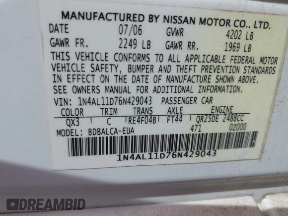 2006 Nissan Altima S with VIN 1N4AL11D76N429043, listed as a IAAI auction lot 42061407 with 163,528 mi miles and . Bid and sale history available at DreamBid. Image 9.