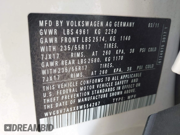 2011 Volkswagen Tiguan SEL with VIN WVGBV7AXXBW554267, listed as a IAAI auction lot 42773354 with 70,547 mi miles and . Bid and sale history available at DreamBid. Image 9.