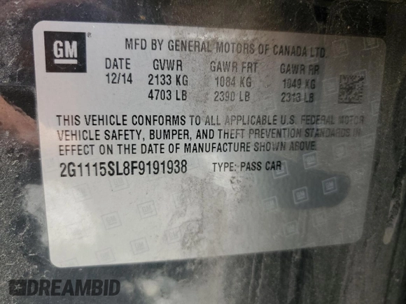 2015 Chevrolet Impala LT with VIN 2G1115SL8F9191938, listed as a Copart auction lot 62836805 with 168,658 mi miles and Clean title. Bid and sale history available at DreamBid. Image 13.