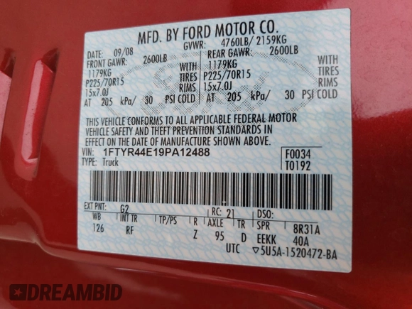 2009 Ford Ranger XLT with VIN 1FTYR44E19PA12488, listed as a Copart auction lot 42114385 with 55,023 mi miles and Salvage Title. Bid and sale history available at carsss.com. Image 14.