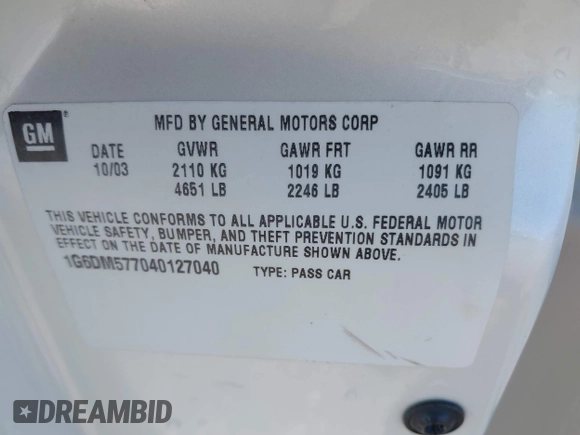 2004 Cadillac CTS with VIN 1G6DM577040127040, listed as a IAAI auction lot 41971703 with Not Provided miles and . Bid and sale history available at carsss.com. Image 9.