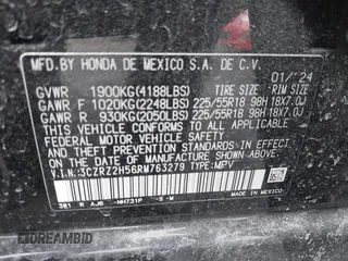 2024 Honda HR-V Sport with VIN 3CZRZ2H56RM763279, listed as a IAAI auction lot 41644383 with 12,411 mi miles and . Bid and sale history available at carsss.com. Image 9.