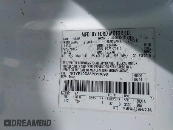 2008 Ford Ranger XL with VIN 1FTYR10D88PB13098, listed as a IAAI auction lot 42265666 with Not provided miles and . Bid and sale history available at DreamBid. Image 9.
