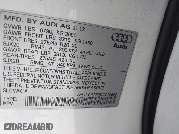 2013 Audi Q7 Premium Plus with VIN WA1LGAFE8DD010690, listed as a IAAI auction lot 42152906 with 152,351 mi miles and . Bid and sale history available at DreamBid. Image 9.