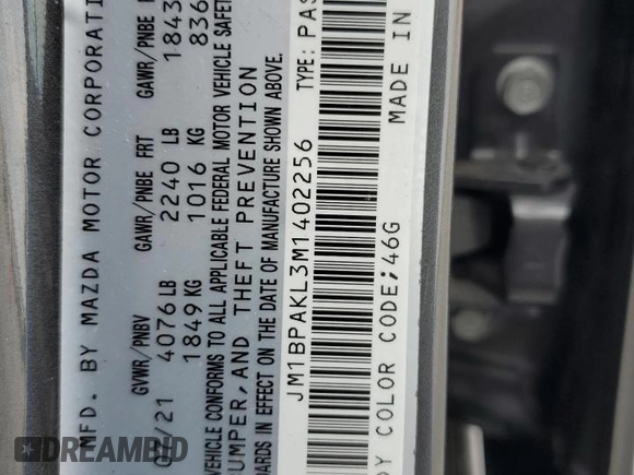 2021 Mazda 3 Select with VIN JM1BPAKL3M1402256, listed as a Copart auction lot 44114205 with 38,915 mi miles and Salvage Title. Bid and sale history available at carsss.com. Image 12.