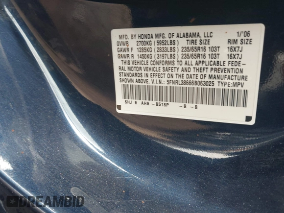 2006 Honda Odyssey EX-L with VIN 5FNRL38666B063025, listed as a IAAI auction lot 41903788 with 145,141 mi miles. Bid and sale history available at carsss.com. Image 9.