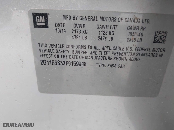 2015 Chevrolet Impala LTZ with VIN 2G1165S33F9159948, listed as a IAAI auction lot 41917373 with 163,288 mi miles. Bid and sale history available at carsss.com. Image 9.