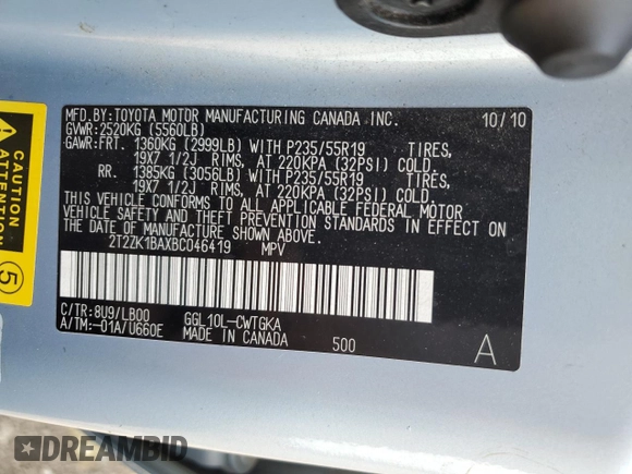 2011 Lexus RX 350 with VIN 2T2ZK1BAXBC046419, listed as a Copart auction lot 54781665 with 118,317 mi miles and Salvage Title. Bid and sale history available at DreamBid. Image 13.