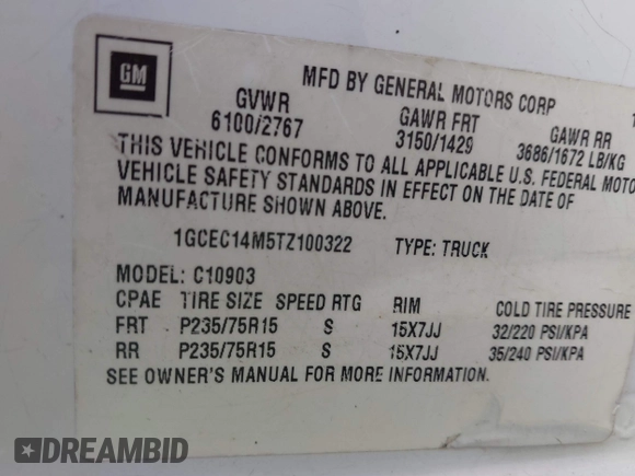 1996 Chevrolet Silverado 1500 with VIN 1GCEC14M5TZ100322, listed as a IAAI auction lot 41785244 with 181,476 mi miles and . Bid and sale history available at DreamBid. Image 9.