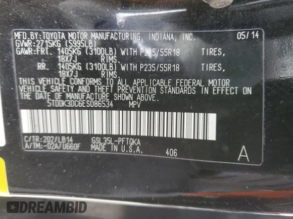 2014 Toyota Sienna Ltd with VIN 5TDDK3DC6ES086534, listed as a Copart auction lot 48056065 with 229,927 mi miles and Salvage Title. Bid and sale history available at carsss.com. Image 14.