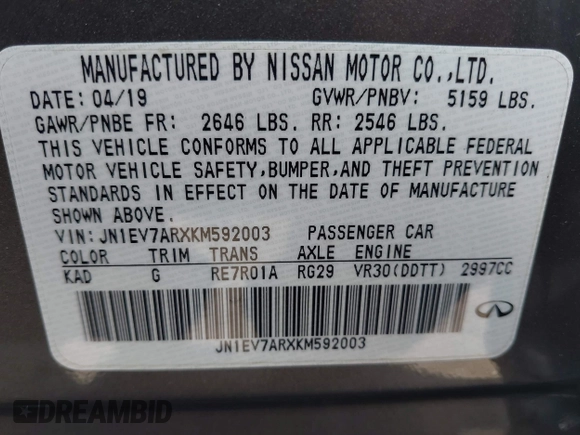 2019 Infiniti Q50 Luxe с VIN JN1EV7ARXKM592003, выставлен на аукционе IAAI как лот 42103638 с пробегом 96 133 миль миль и . История ставок и продаж доступна на DreamBid. Изображение 9.
