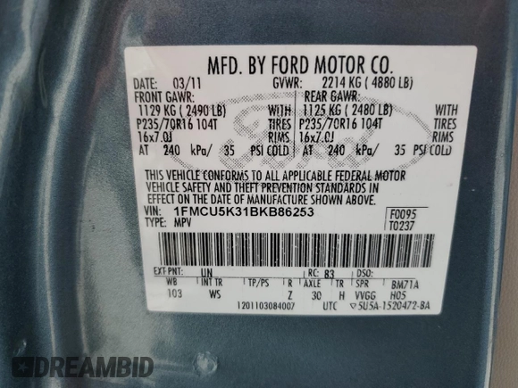 2011 Ford Escape Hybrid with VIN 1FMCU5K31BKB86253, listed as a Copart auction lot 57509525 with 159,486 mi miles and Salvage title. Bid and sale history available at DreamBid. Image 13.