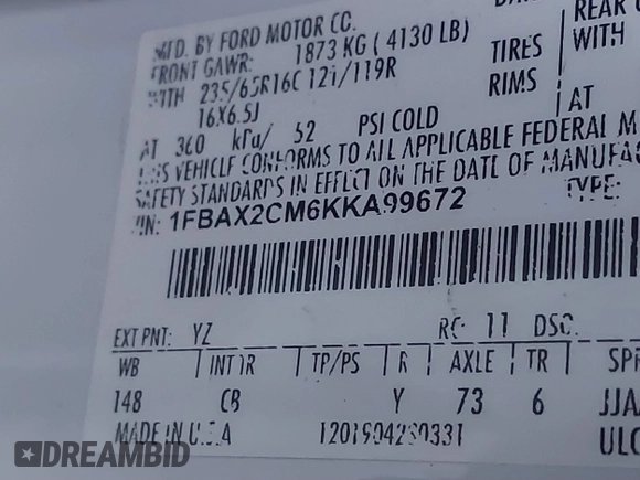 2019 Ford Transit Passenger XL with VIN 1FBAX2CM6KKA99672, listed as a IAAI auction lot 41003698 with 73,096 mi miles and . Bid and sale history available at carsss.com. Image 9.