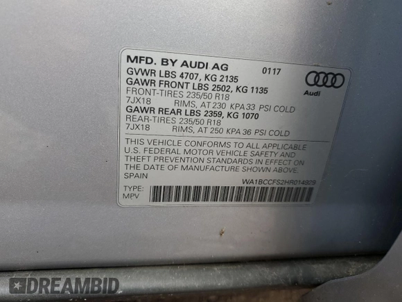2017 Audi Q3 Premium z VIN WA1BCCFS2HR014929, wystawiony jako Copart lot #58276585 z przebiegiem 109 065 mil mil oraz Tytuł czysty. Historia ofert i sprzedaży dostępna na DreamBid. Obrazek 12.