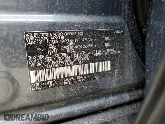 2022 Toyota Venza LE with VIN JTEAAAAH7NJ117468, listed as a Copart auction lot 42487664 with 10,954 mi miles. Bid and sale history available at carsss.com. Image 13.