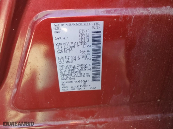 2015 Nissan Pathfinder S with VIN 5N1AR2MN7FC660423, listed as a Copart auction lot 47952334 with 137,913 mi miles and Salvage Title. Bid and sale history available at carsss.com. Image 13.