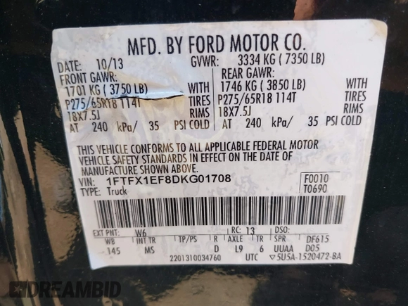 2013 Ford F-150 XL z VIN 1FTFX1EF8DKG01708, wystawiony jako IAAI lot #42091836 z przebiegiem 233 588 mil mil oraz . Historia ofert i sprzedaży dostępna na DreamBid. Obrazek 9.
