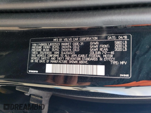 2018 Volvo XC60 Inscription with VIN LYVBR0DL5JB122523, listed as a Copart auction lot 82678134 with 52,921 mi miles and Salvage Title. Bid and sale history available at carsss.com. Image 15.