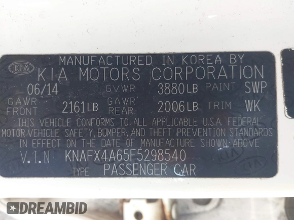 2015 Kia Forte LX with VIN KNAFX4A65F5298540, listed as a IAAI auction lot 41828286 with 163,501 mi miles. Bid and sale history available at carsss.com. Image 9.