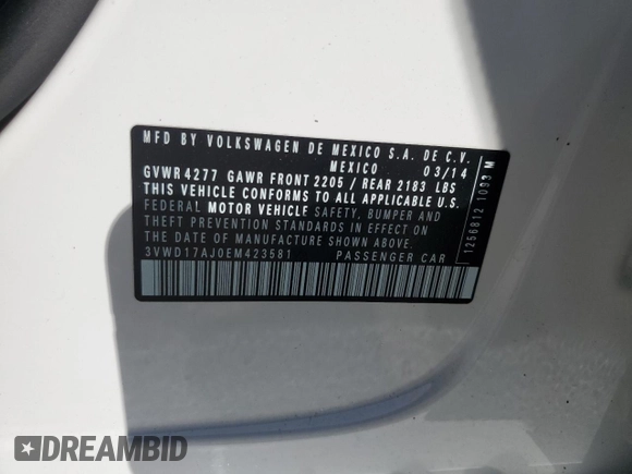 2014 Volkswagen Jetta SE with VIN 3VWD17AJ0EM423581, listed as a Copart auction lot 57253094 with 126,610 mi miles and Salvage title. Bid and sale history available at DreamBid. Image 12.