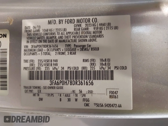 2013 Ford Fusion SE z VIN 3FA6P0H78DR361656, wystawiony jako IAAI lot #42565058 z przebiegiem 105 228 mil mil oraz . Historia ofert i sprzedaży dostępna na DreamBid. Obrazek 9.