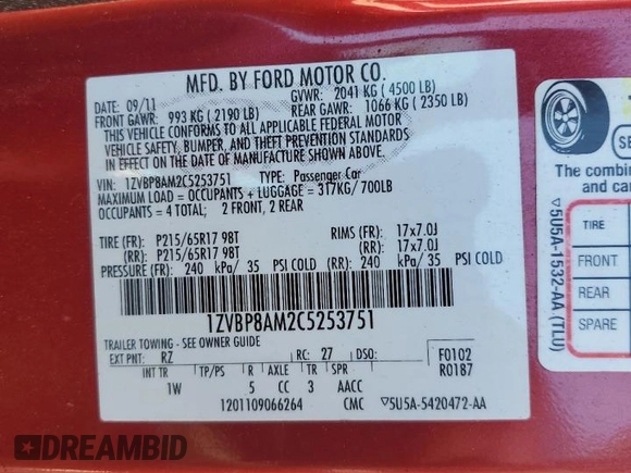 2012 Ford Mustang V6 Premium with VIN 1ZVBP8AM2C5253751, listed as a Copart auction lot 75839064 with 0 mi miles and Non Repairable. Bid and sale history available at carsss.com. Image 13.