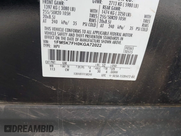 2019 Ford Explorer Limited with VIN 1FM5K7FH0KGA72022, listed as a IAAI auction lot 42277065 with 124,790 mi miles and . Bid and sale history available at DreamBid. Image 9.