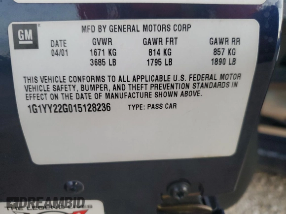 2001 Chevrolet Corvette with VIN 1G1YY22G015128236, listed as a Copart auction lot 74362284 with Not Provided miles and Salvage Title. Bid and sale history available at carsss.com. Image 12.