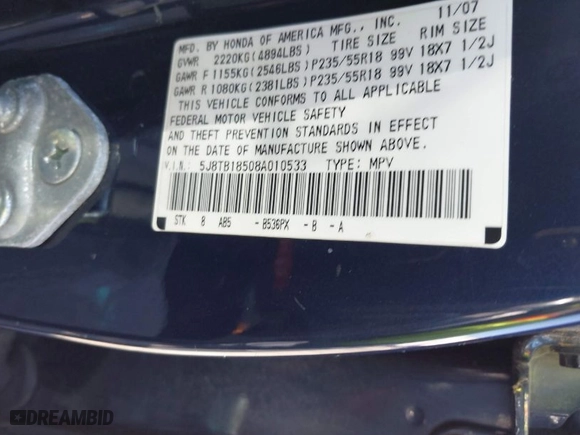 2008 Acura RDX Tech Pkg with VIN 5J8TB18508A010533, listed as a IAAI auction lot 42005281 with 155,772 mi miles. Bid and sale history available at carsss.com. Image 9.