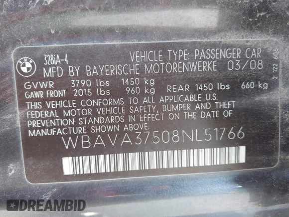 2008 BMW 3 Series 328i with VIN WBAVA37508NL51766, listed as a IAAI auction lot 42206923 with 144,902 mi miles and . Bid and sale history available at DreamBid. Image 9.