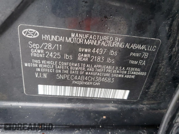 2012 Hyundai Sonata Limited with VIN 5NPEC4AB4CH384683, listed as a Copart auction lot 50160835 with 216,217 mi miles and Salvage Title. Bid and sale history available at DreamBid. Image 12.