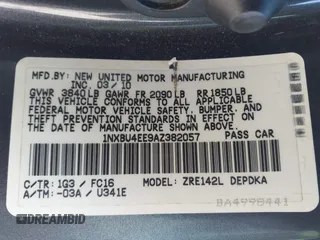 2010 Toyota Corolla z VIN 1NXBU4EE9AZ382057, wystawiony jako IAAI lot #41600793 z przebiegiem 132 540 mil mil oraz . Historia ofert i sprzedaży dostępna na DreamBid. Obrazek 9.
