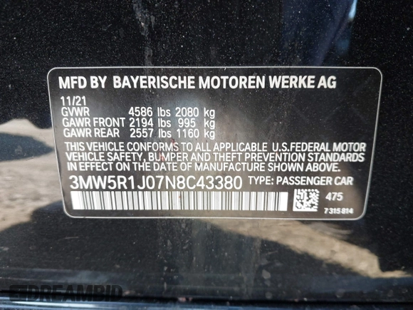 2022 BMW 3 Series 330i z VIN 3MW5R1J07N8C43380, wystawiony jako IAAI lot #41746284 z przebiegiem 60 194 mil mil oraz . Historia ofert i sprzedaży dostępna na DreamBid. Obrazek 9.