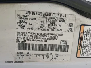 2002 Ford Explorer XLS с VIN 1FMZU62E52UC41583, выставлен на аукционе IAAI как лот 42433804 с пробегом 201 611 миль миль и . История ставок и продаж доступна на DreamBid. Изображение 9.