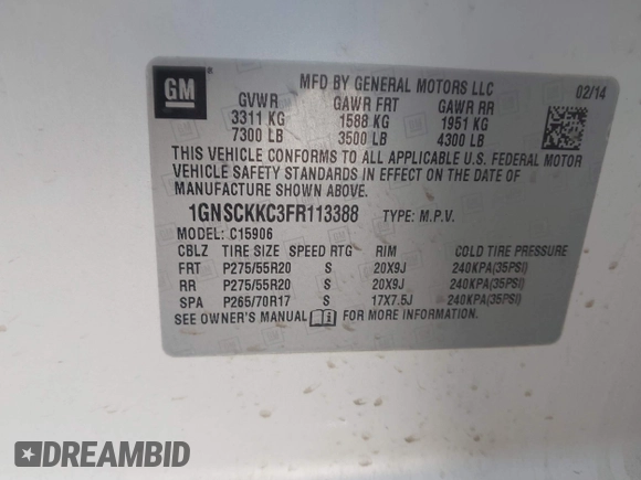 2015 Chevrolet Suburban LTZ with VIN 1GNSCKKC3FR113388, listed as a IAAI auction lot 41867964 with 238,530 mi miles and . Bid and sale history available at DreamBid. Image 9.