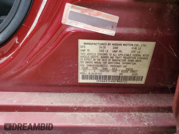 2006 Nissan Maxima SL with VIN 1N4BA41E66C860232, listed as a Copart auction lot 61061495 with 414,306 mi miles and Salvage title. Bid and sale history available at DreamBid. Image 13.