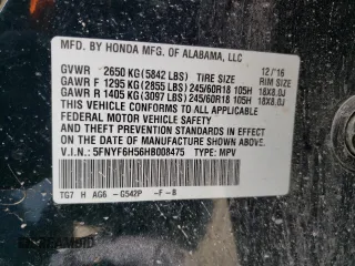 2017 Honda Pilot EX-L with VIN 5FNYF6H56HB008475, listed as a Copart auction lot 46135615 with 163,217 mi miles and Salvage Title. Bid and sale history available at DreamBid. Image 14.
