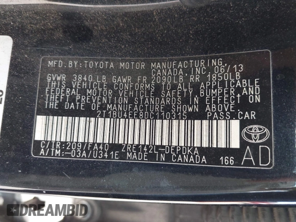 2013 Toyota Corolla L with VIN 2T1BU4EE8DC110315, listed as a IAAI auction lot 41948418 with 127,142 mi miles and . Bid and sale history available at DreamBid. Image 9.