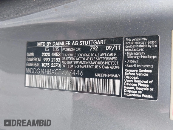 2012 Mercedes-Benz C 250 with VIN WDDGJ4HBXCF777446, listed as a IAAI auction lot 42590256 with Not provided miles and . Bid and sale history available at DreamBid. Image 9.