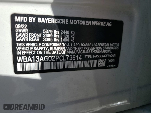 2023 BMW 5 Series 530e with VIN WBA13AG02PCL73814, listed as a Copart auction lot 86818824 with Not provided miles and Salvage title. Bid and sale history available at DreamBid. Image 14.